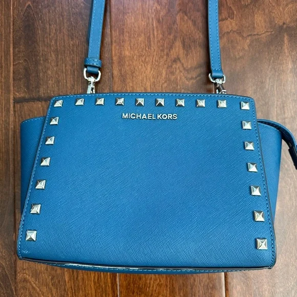 Michael Kors Blue Trapezoid Crossbody Bag with Studded Detailing - Picture 7 of 16